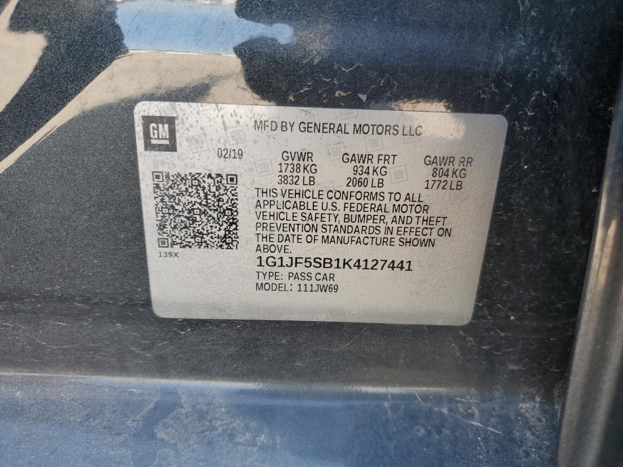 1G1JF5SB1K4127441 2019 Chevrolet Sonic Premier