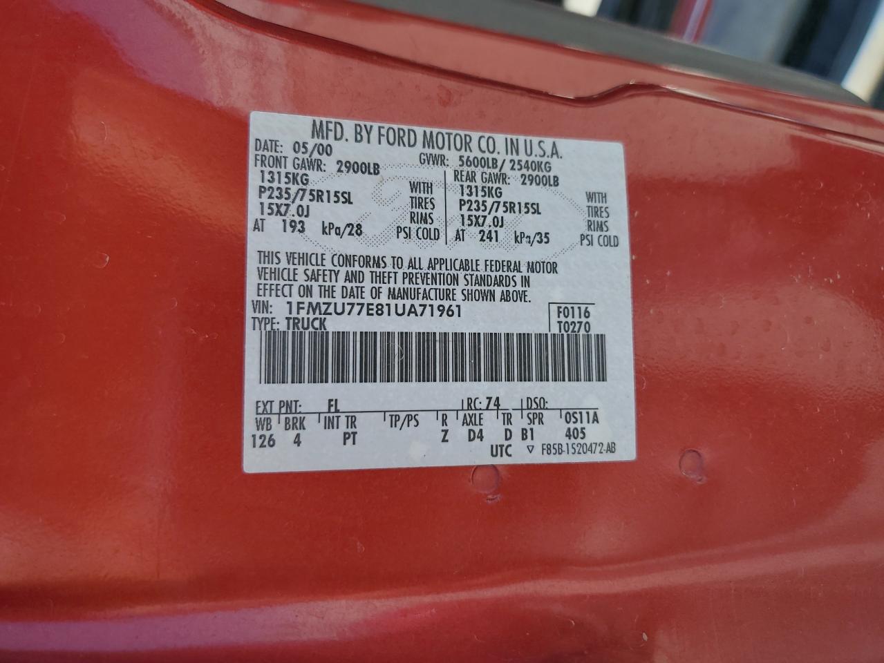 1FMZU77E81UA71961 2001 Ford Explorer Sport Trac