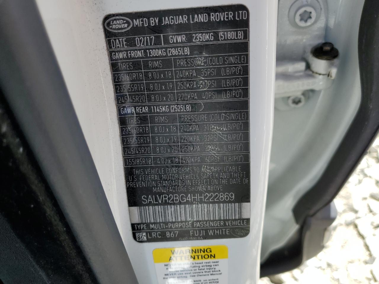 SALVR2BG4HH222869 2017 Land Rover Range Rover Evoque Hse