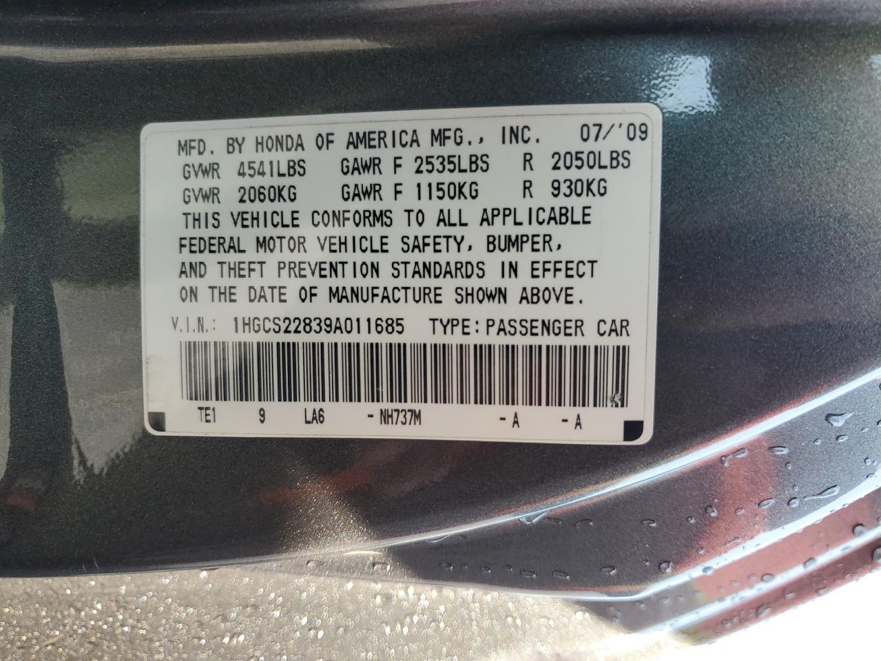 1HGCS22839A011685 2009 Honda Accord Exl