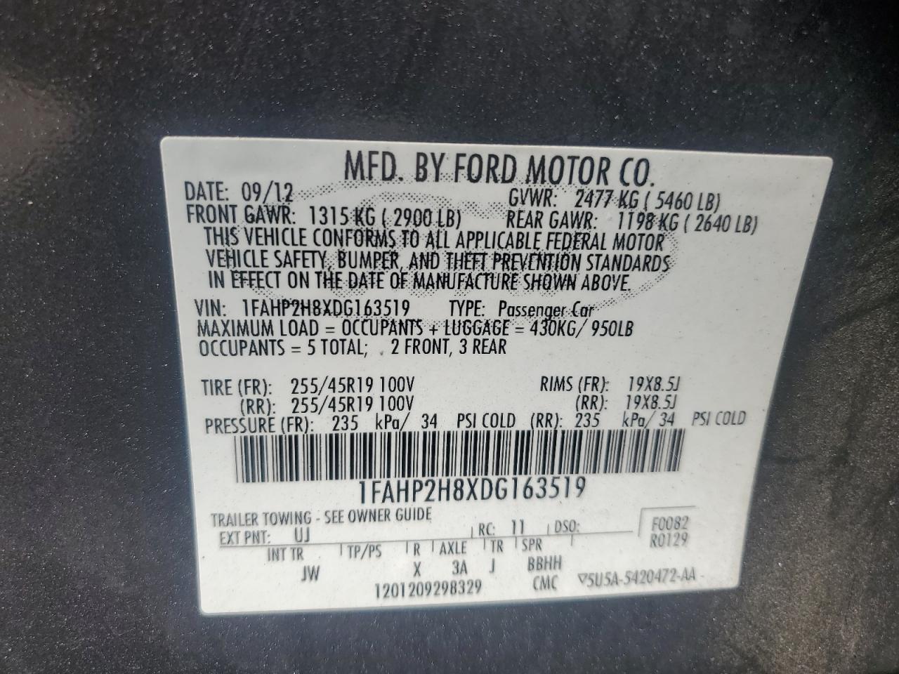 1FAHP2H8XDG163519 2013 Ford Taurus Sel