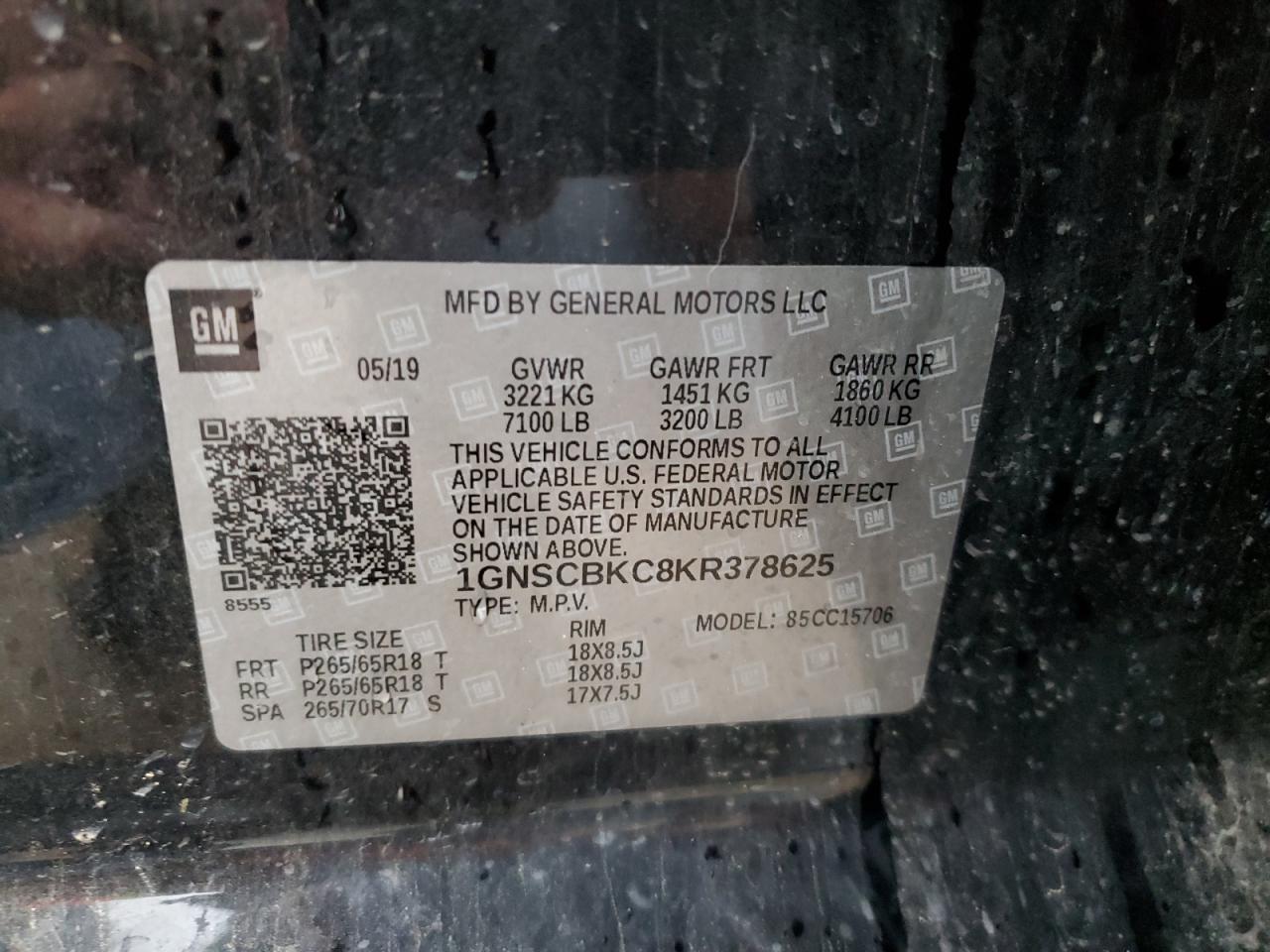 1GNSCBKC8KR378625 2019 Chevrolet Tahoe C1500 Lt