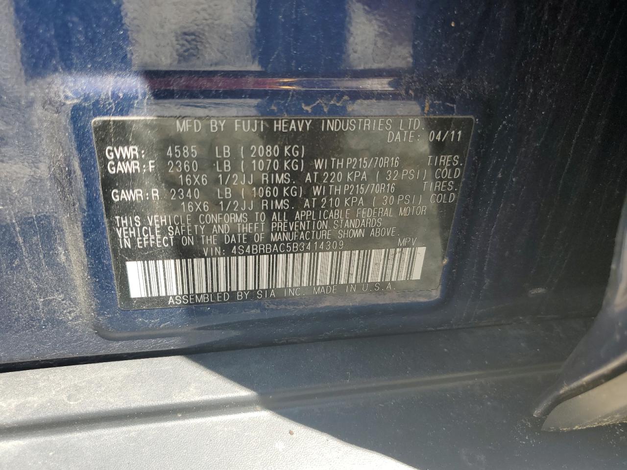 4S4BRBAC5B3414309 2011 Subaru Outback 2.5I