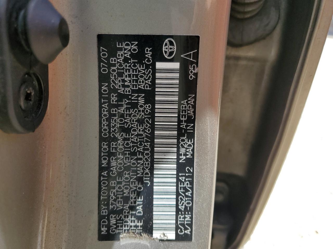 JTDKB20U477692198 2007 Toyota Prius