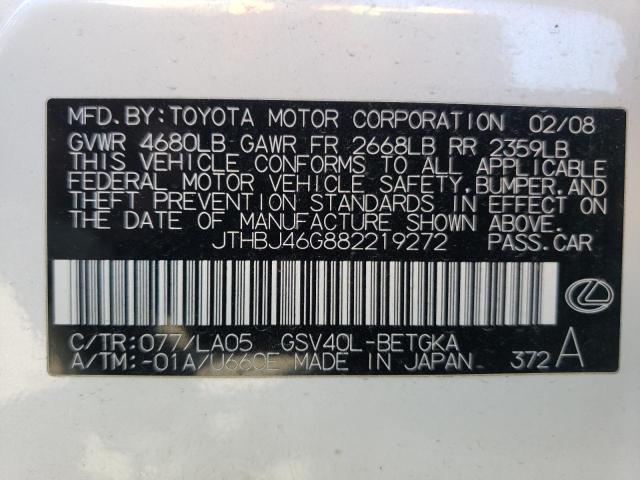 2008 Lexus Es 350 VIN: JTHBJ46G882219272 Lot: 59739674