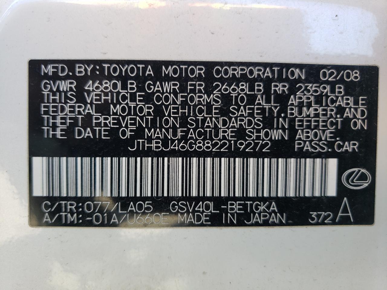 JTHBJ46G882219272 2008 Lexus Es 350
