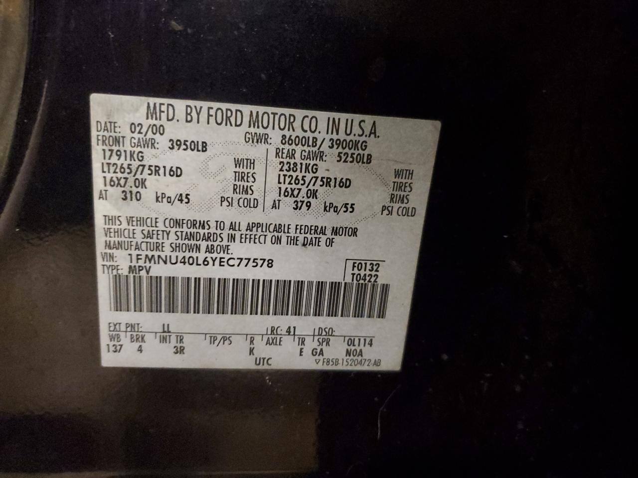 1FMNU40L6YEC77578 2000 Ford Excursion Xlt