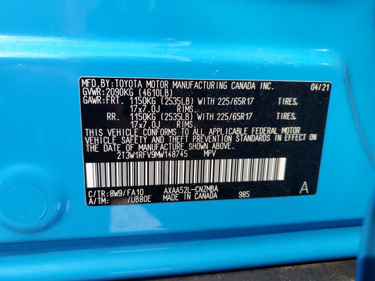 2T3W1RFV9MW148745 2021 Toyota Rav4 Xle