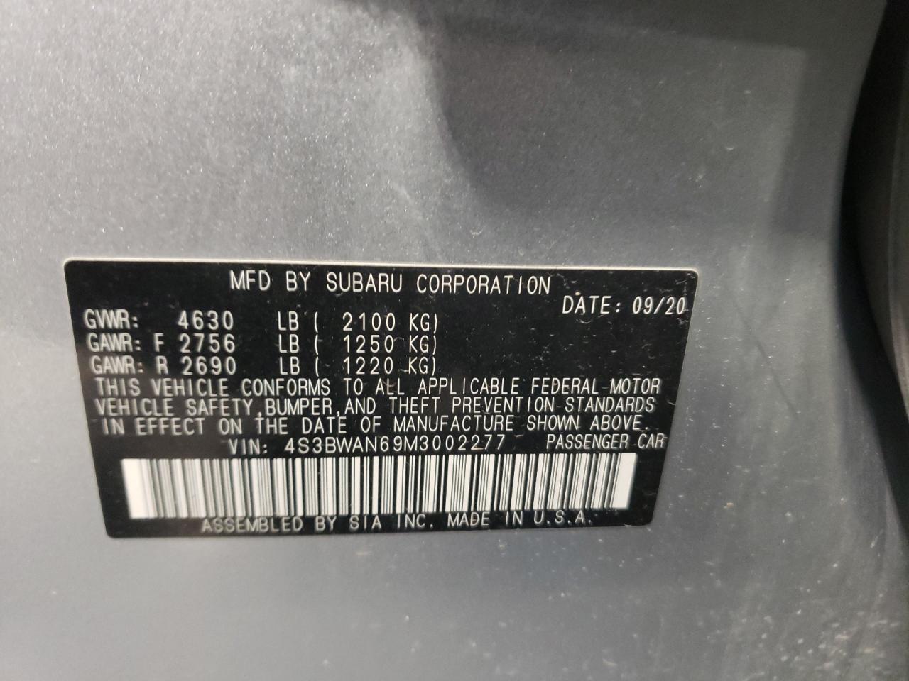 4S3BWAN69M3002277 2021 Subaru Legacy Limited