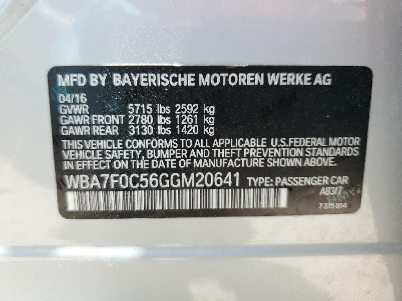 WBA7F0C56GGM20641 2016 BMW 750 I