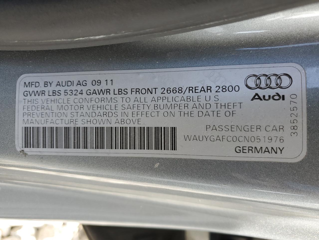 WAUYGAFC0CN051976 2012 Audi A7 Premium Plus