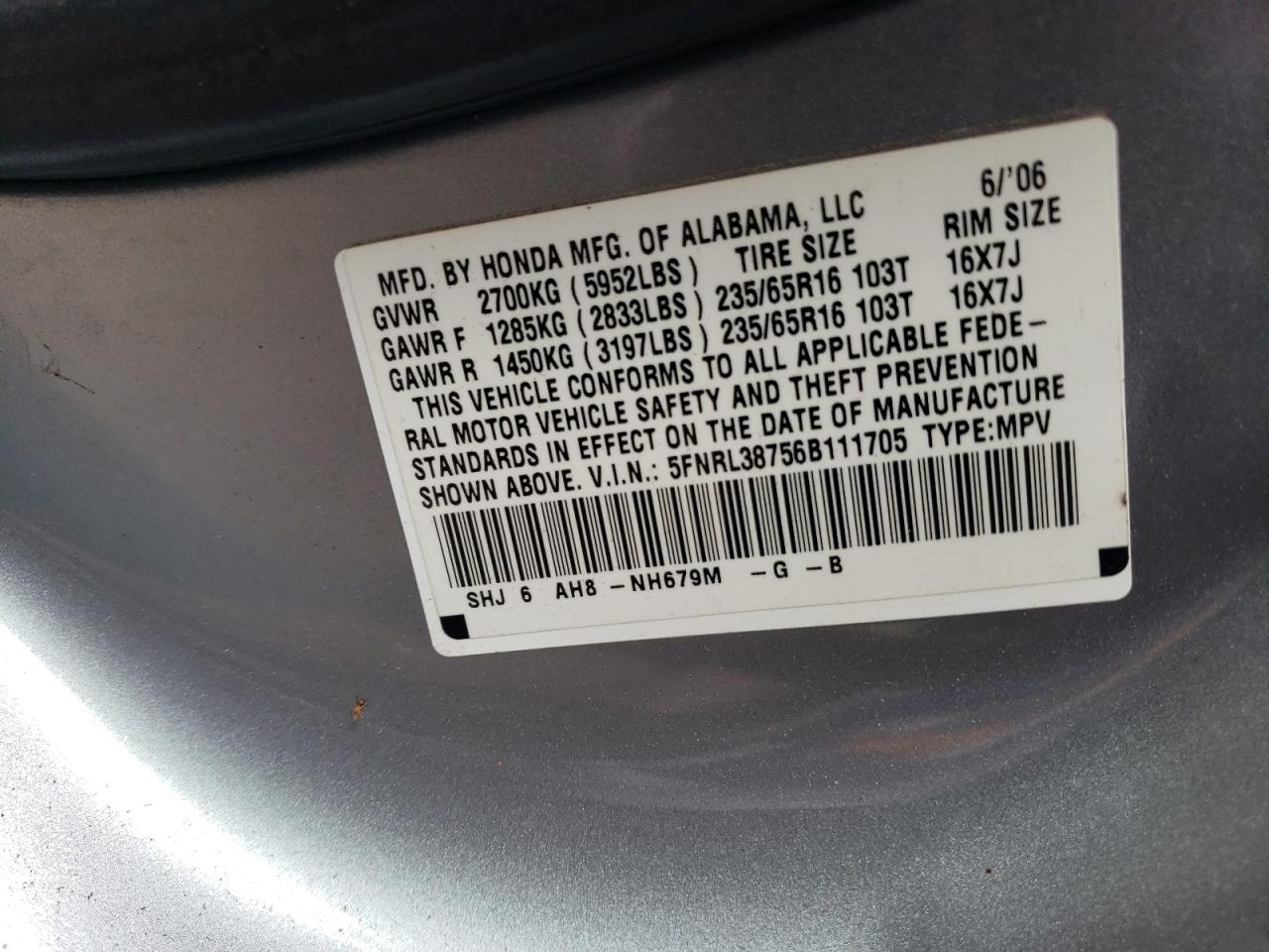 5FNRL38756B111705 2006 Honda Odyssey Exl