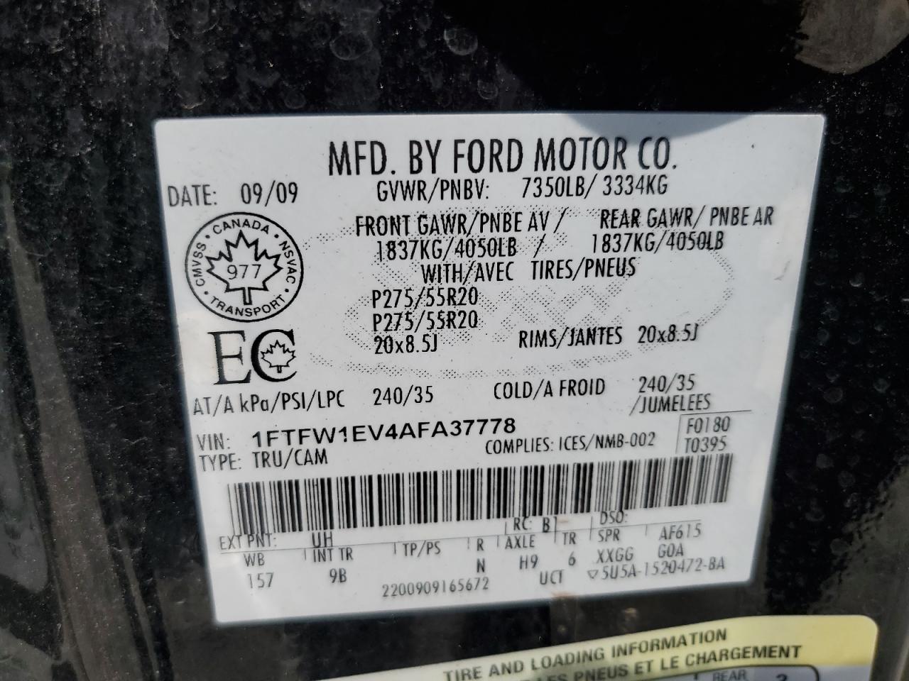 1FTFW1EV4AFA37778 2010 Ford F150 Supercrew