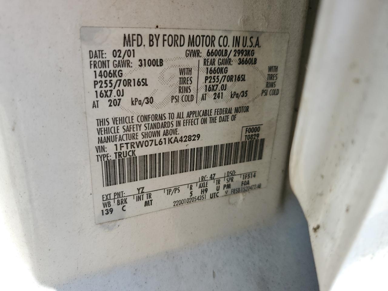 1FTRW07L61KA42829 2001 Ford F150 Supercrew