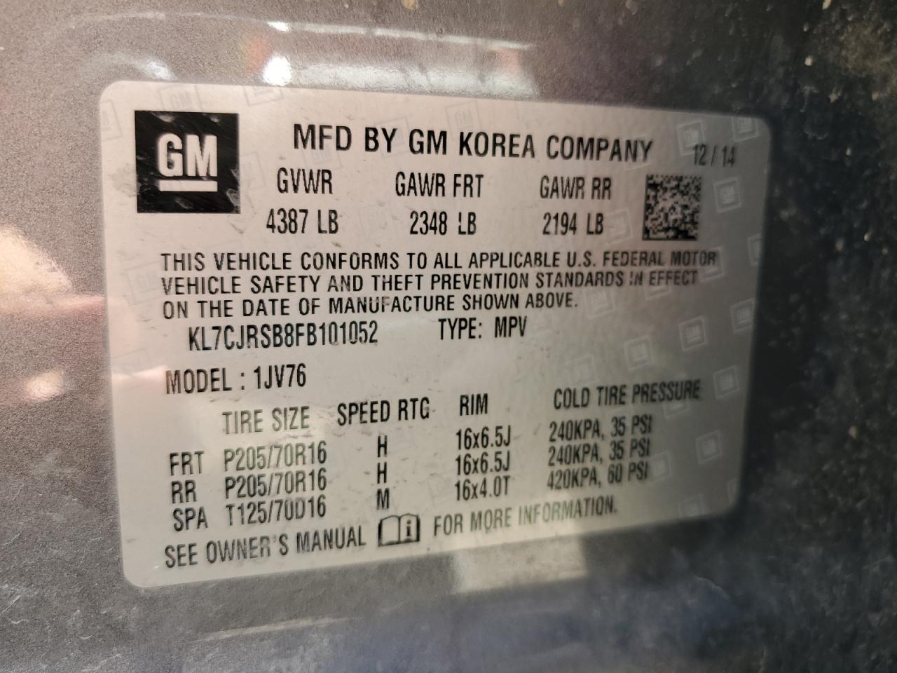 KL7CJRSB8FB101052 2015 Chevrolet Trax 1Lt