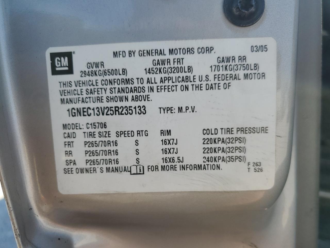 1GNEC13V25R235133 2005 Chevrolet Tahoe C1500