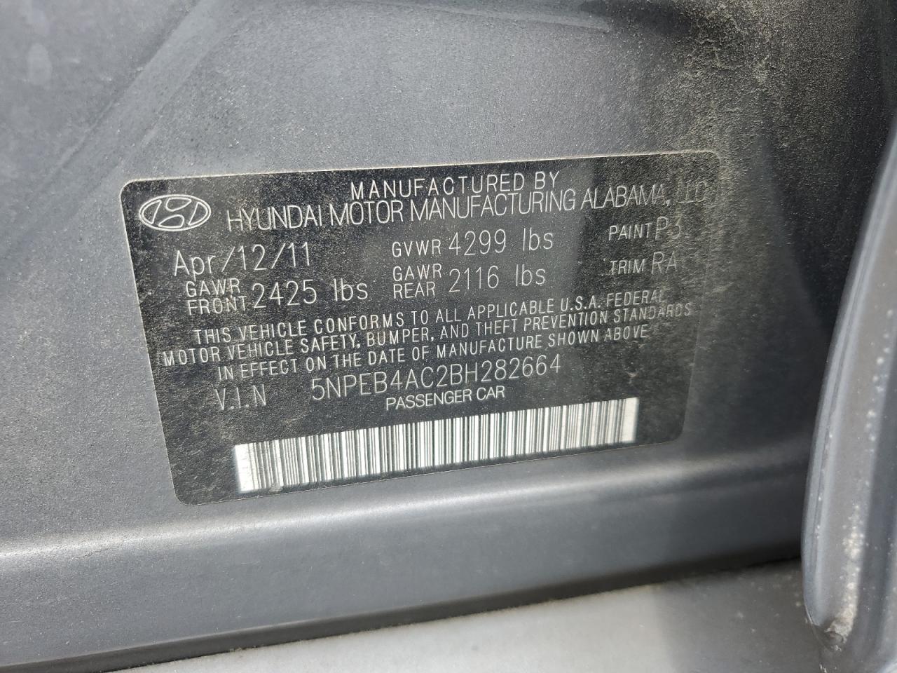 5NPEB4AC2BH282664 2011 Hyundai Sonata Gls