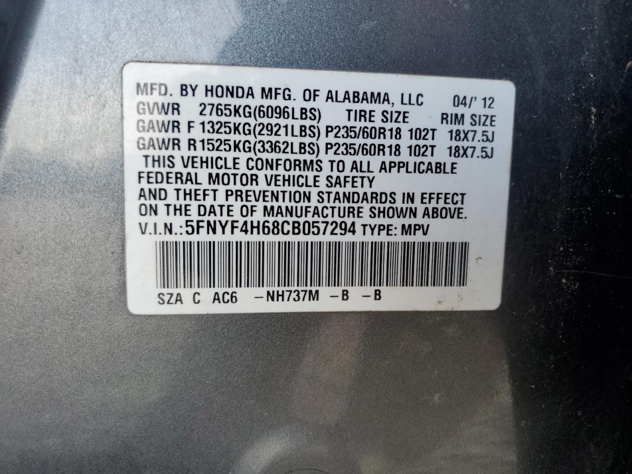 5FNYF4H68CB057294 2012 Honda Pilot Exl
