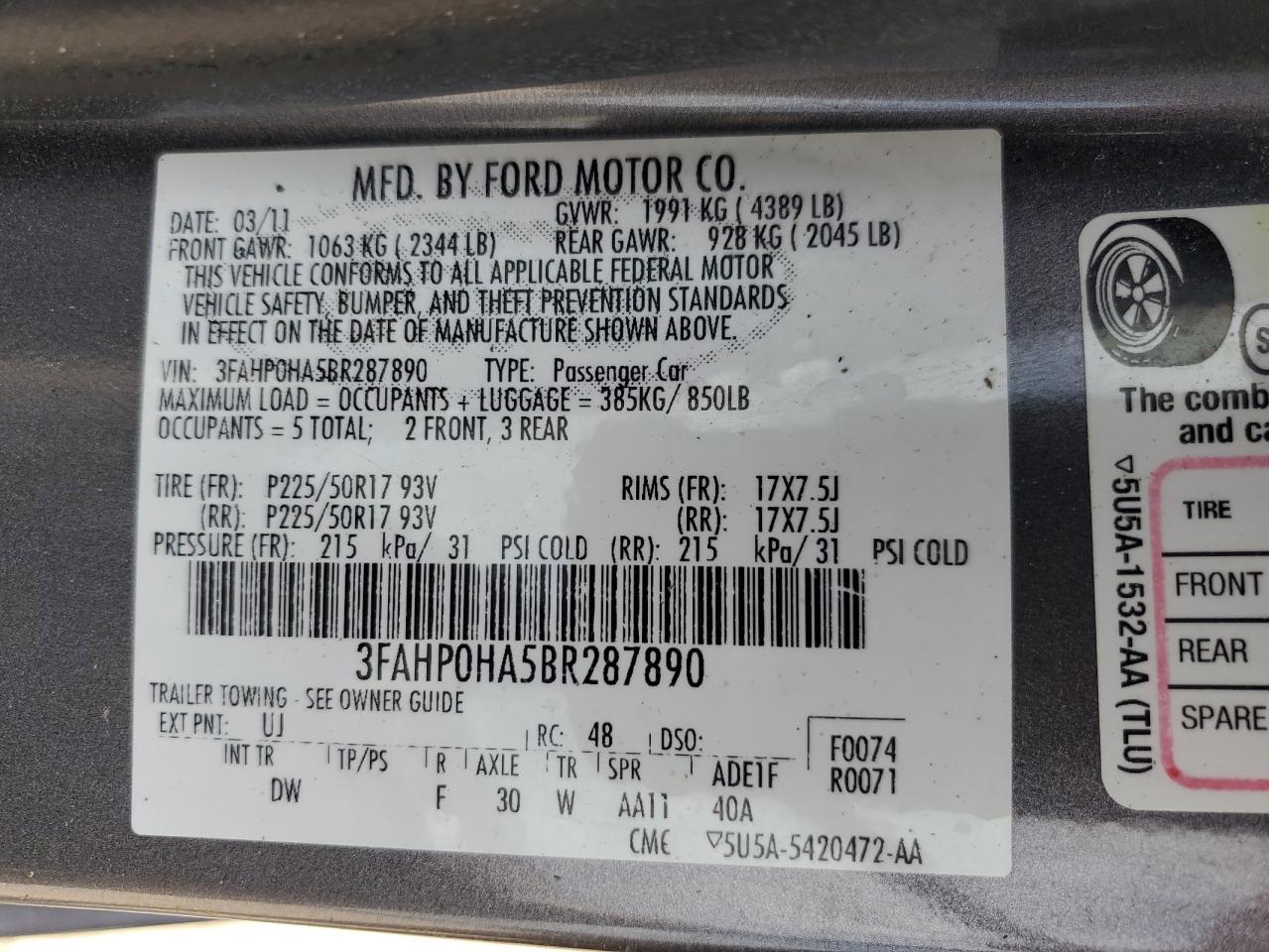 3FAHP0HA5BR287890 2011 Ford Fusion Se