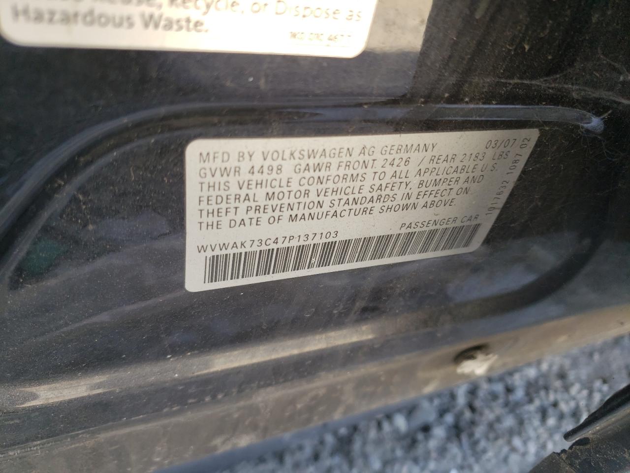 WVWAK73C47P137103 2007 Volkswagen Passat 2.0T
