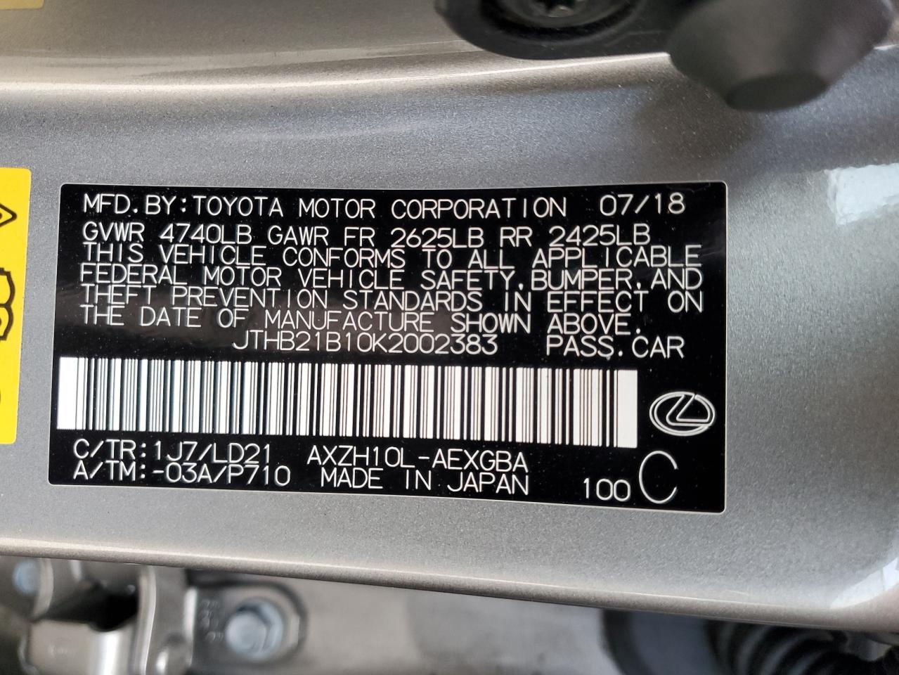 JTHB21B10K2002383 2019 Lexus Es 300H