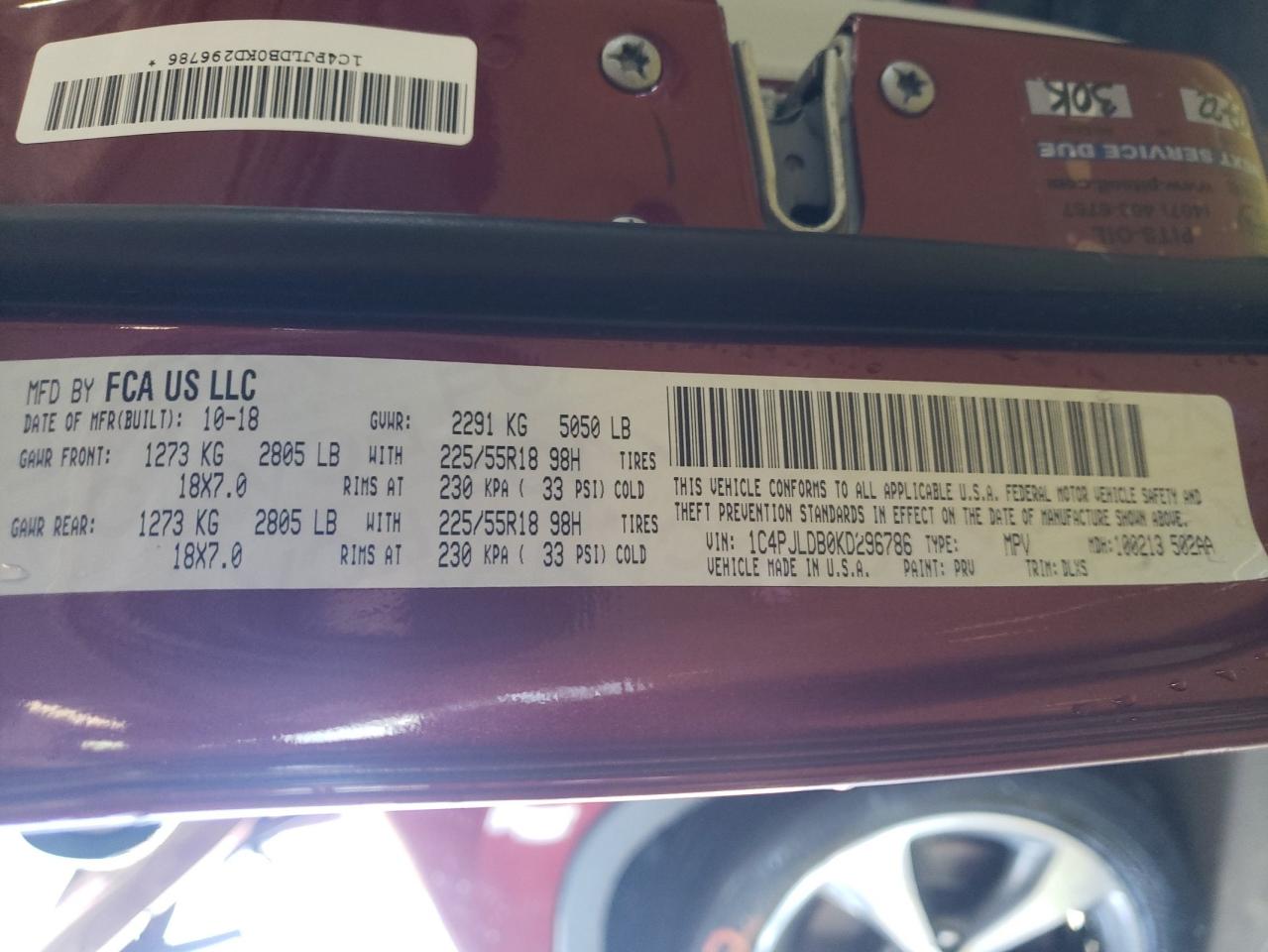 1C4PJLDB0KD296786 2019 Jeep Cherokee Limited