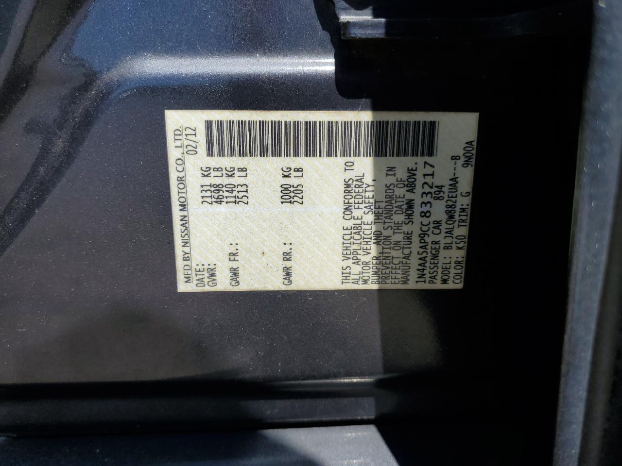 1N4AA5AP9CC833217 2012 Nissan Maxima S