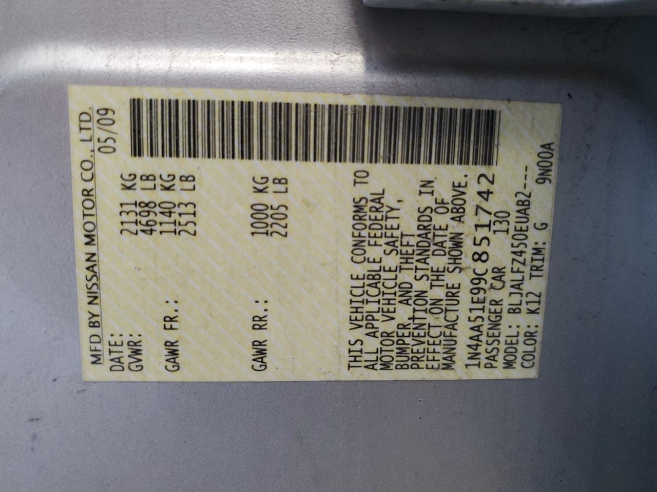 1N4AA51E99C851742 2009 Nissan Maxima S