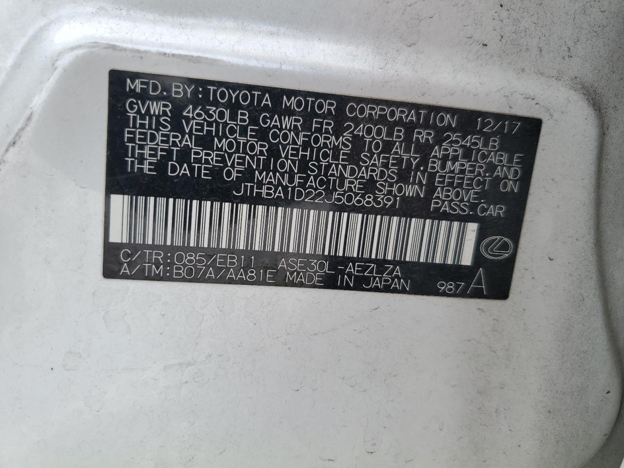 JTHBA1D22J5068391 2018 Lexus Is 300