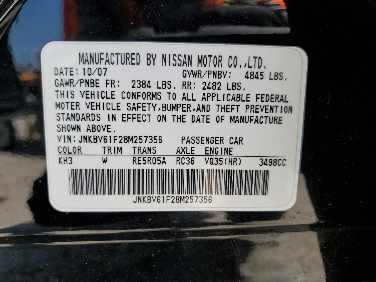 JNKBV61F28M257356 2008 Infiniti G35