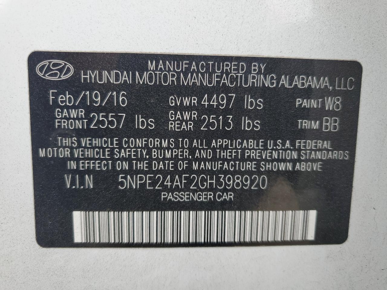 5NPE24AF2GH398920 2016 Hyundai Sonata Se