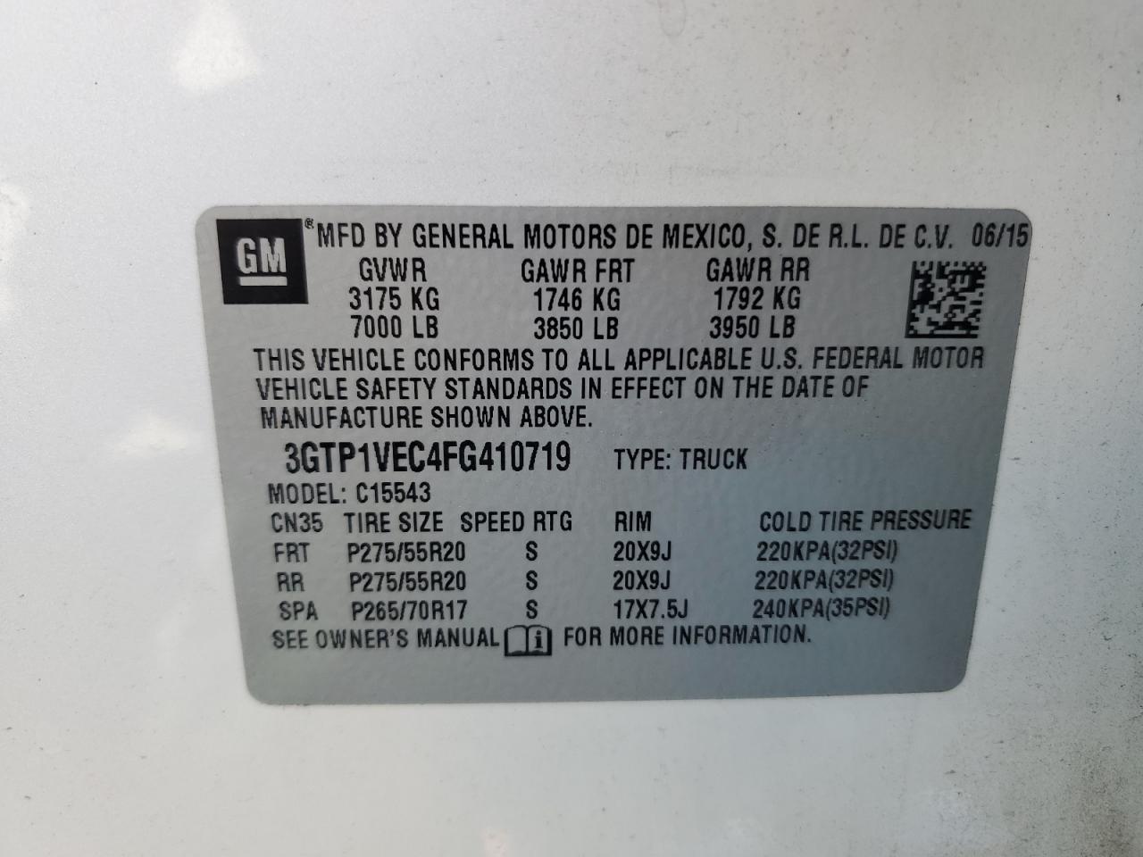 3GTP1VEC4FG410719 2015 GMC Sierra C1500 Slt