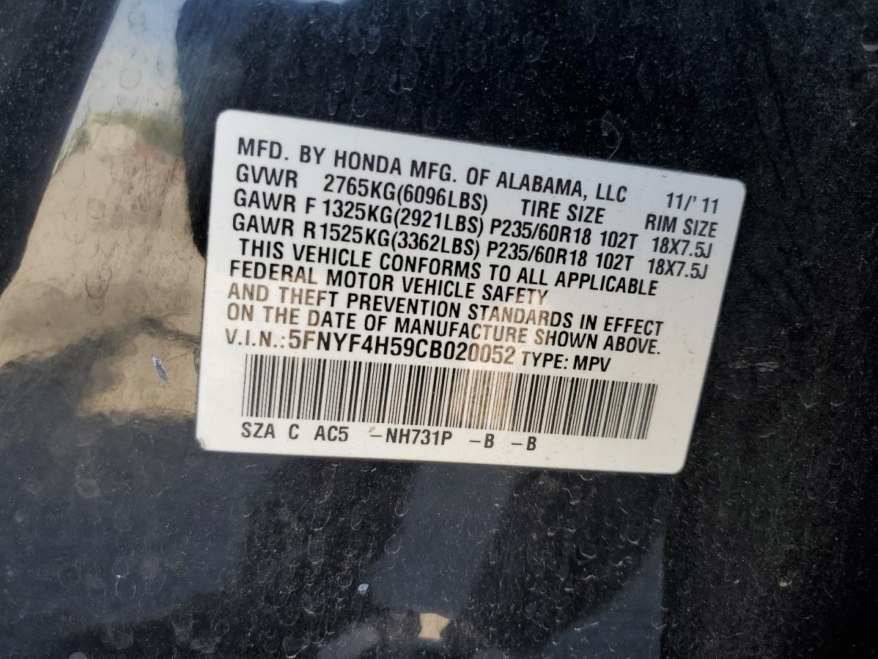 5FNYF4H59CB020052 2012 Honda Pilot Exl