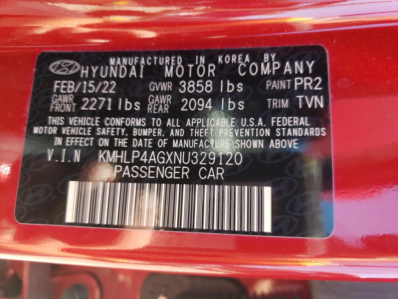 KMHLP4AGXNU329120 2022 Hyundai Elantra Limited