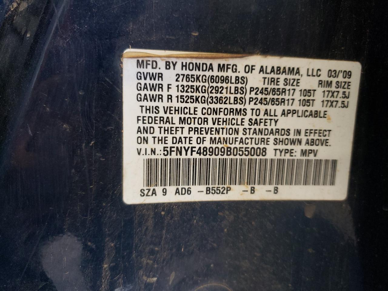 5FNYF48909B055008 2009 Honda Pilot Touring