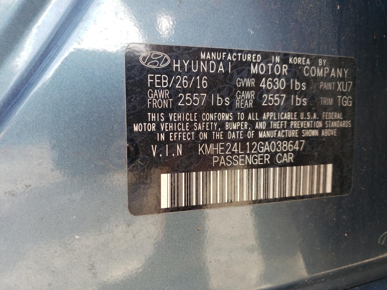 KMHE24L12GA038647 2016 Hyundai Sonata Hybrid