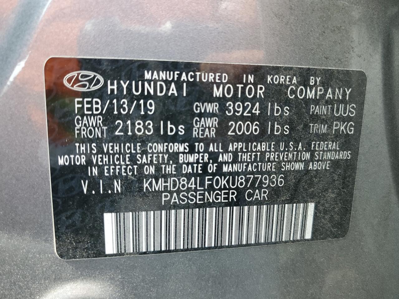 KMHD84LF0KU877936 2019 Hyundai Elantra Sel