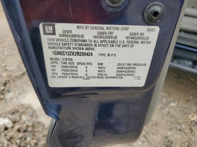 2002 Chevrolet Tahoe C1500 VIN: 1GNEC13ZX2R289424 Lot: 57820124