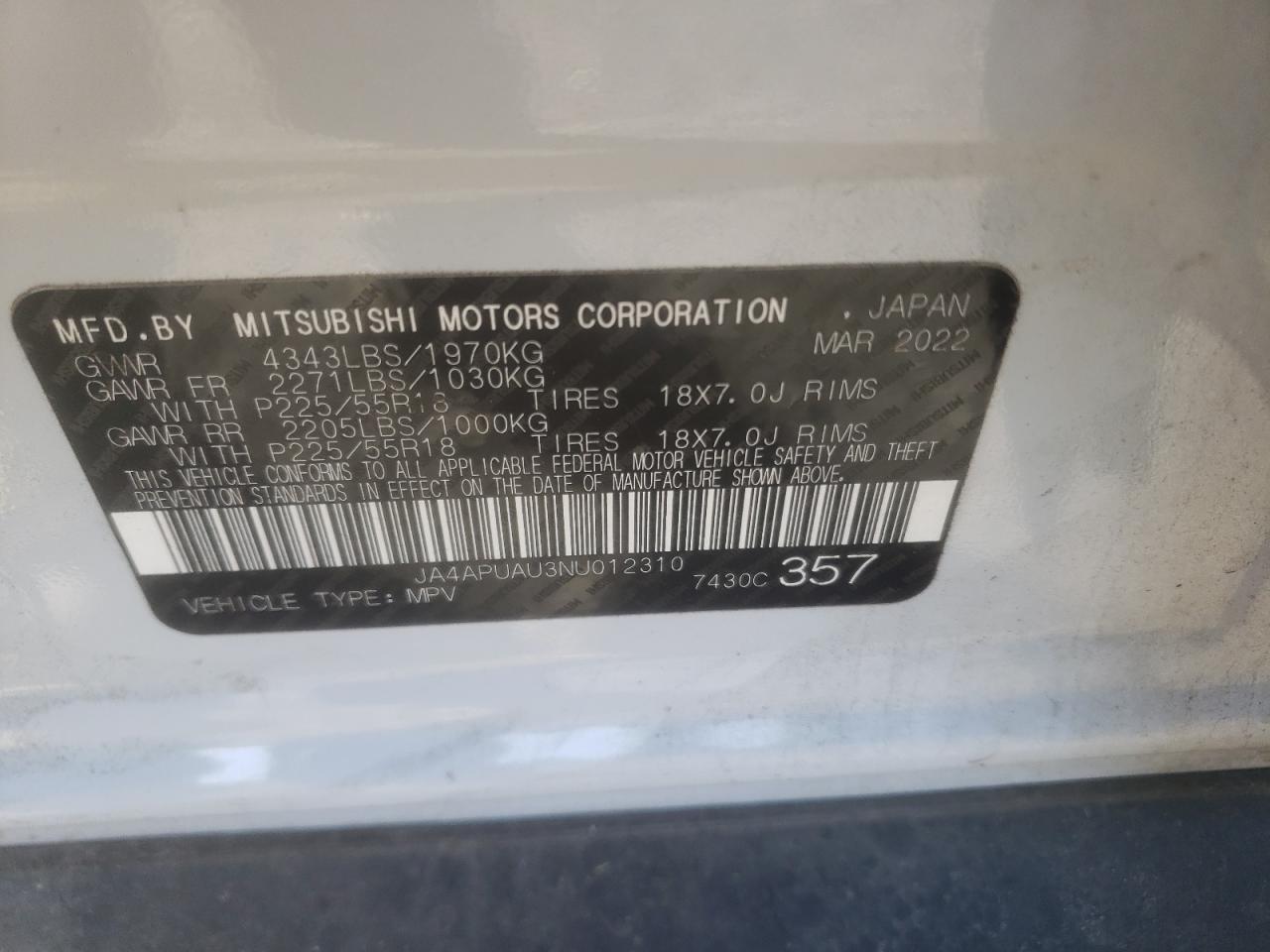 JA4APUAU3NU012310 2022 Mitsubishi Outlander Sport Es