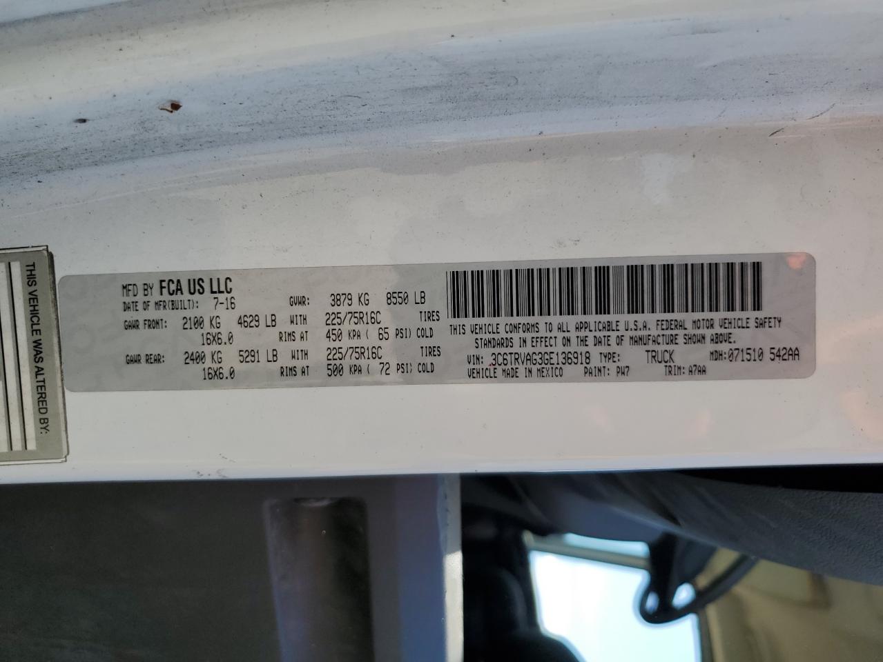 3C6TRVAG3GE136918 2016 Ram Promaster 1500 1500 Standard