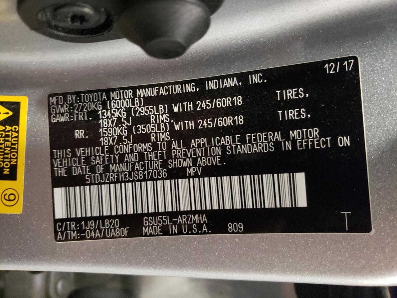 5TDJZRFH3JS817036 2018 Toyota Highlander Se