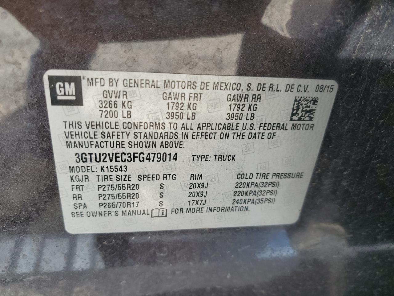 3GTU2VEC3FG479014 2015 GMC Sierra K1500 Slt