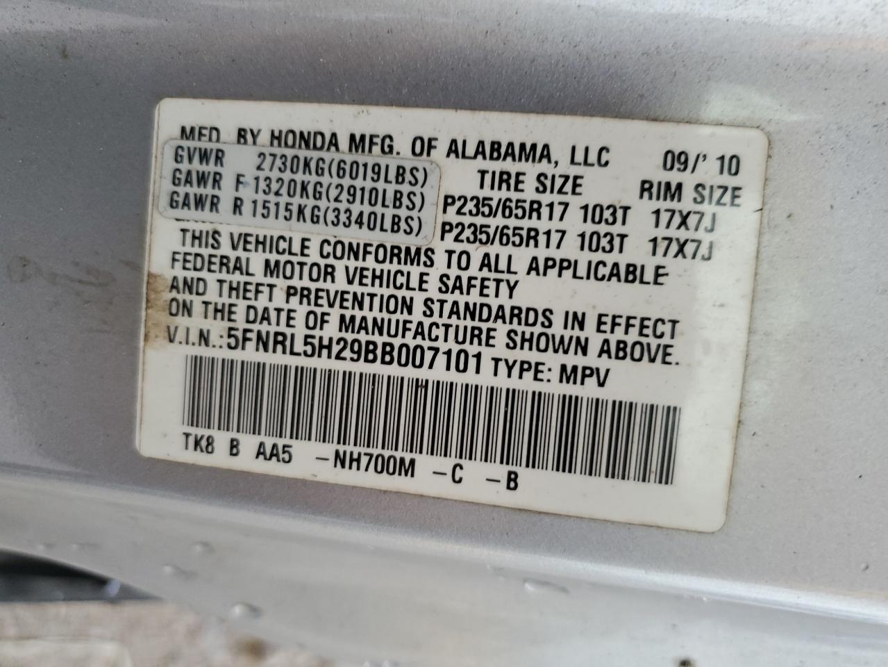 5FNRL5H29BB007101 2011 Honda Odyssey Lx