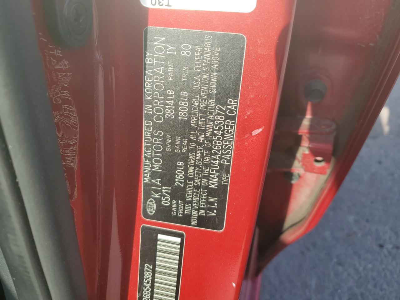 KNAFU4A26B5453872 2011 Kia Forte Ex