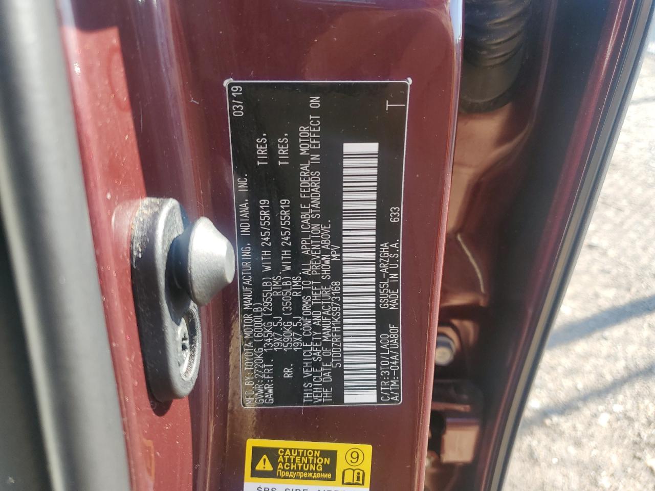 5TDDZRFH1KS973168 2019 Toyota Highlander Limited