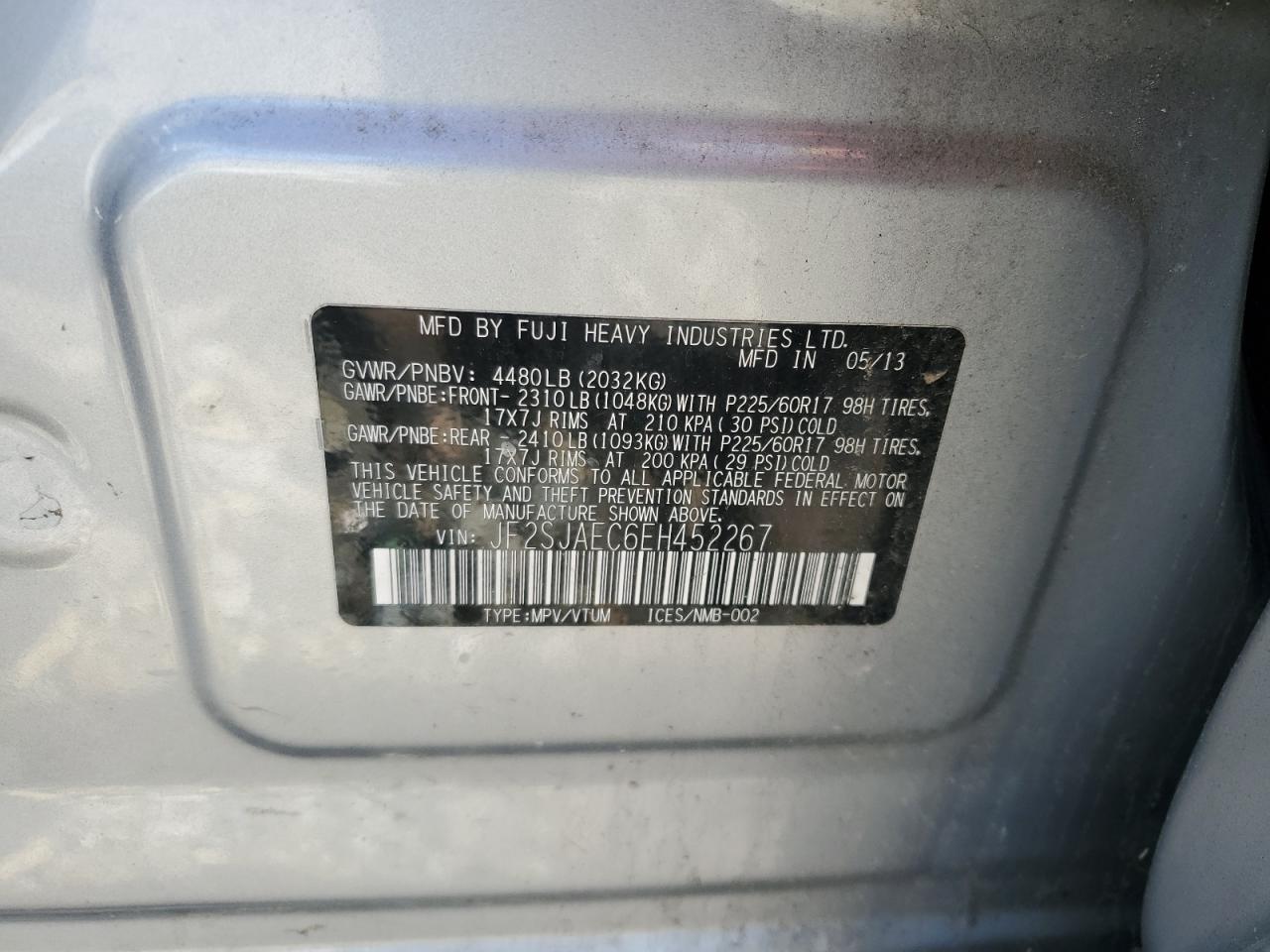 JF2SJAEC6EH452267 2014 Subaru Forester 2.5I Premium