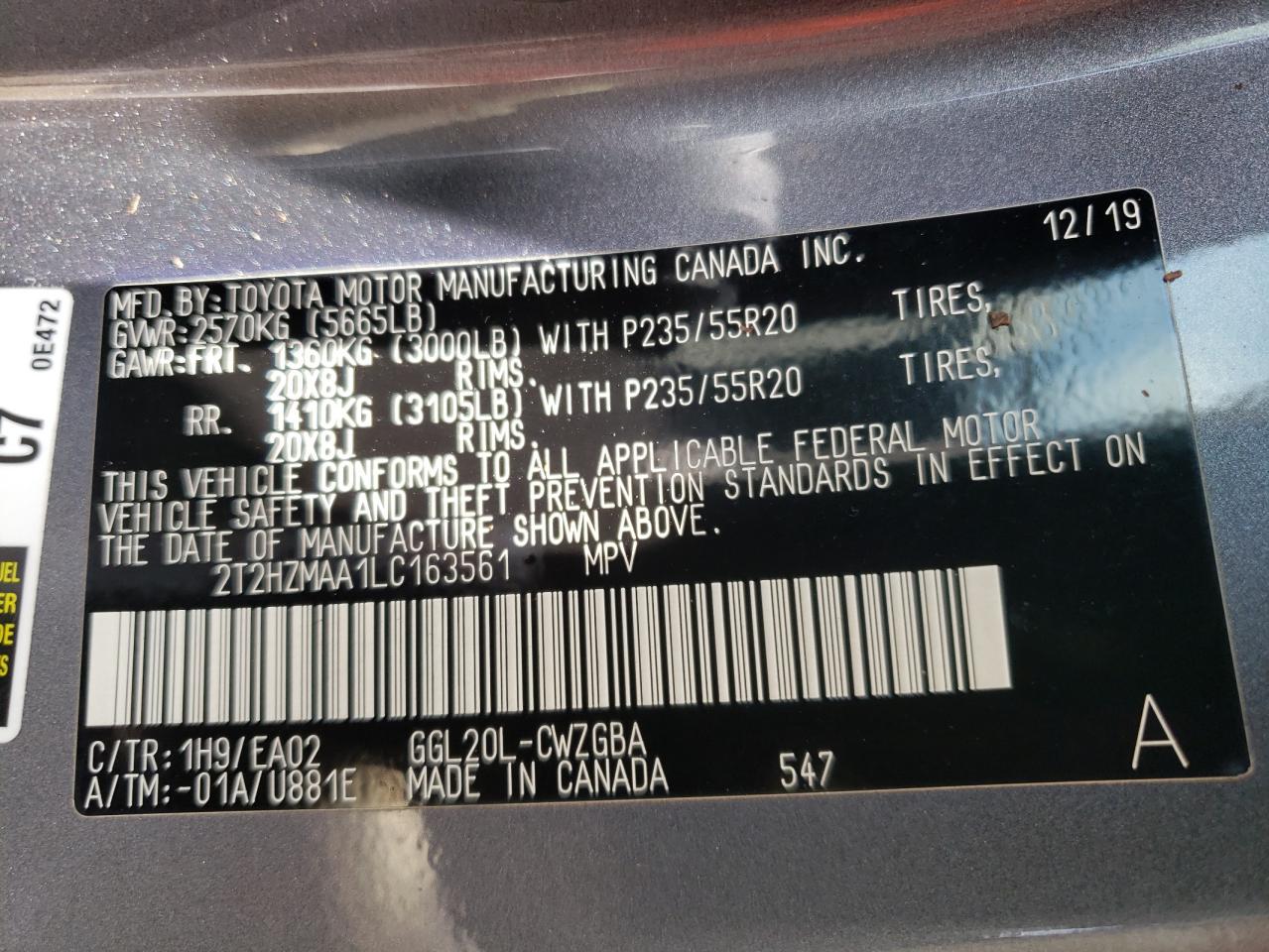 2T2HZMAA1LC163561 2020 Lexus Rx 350