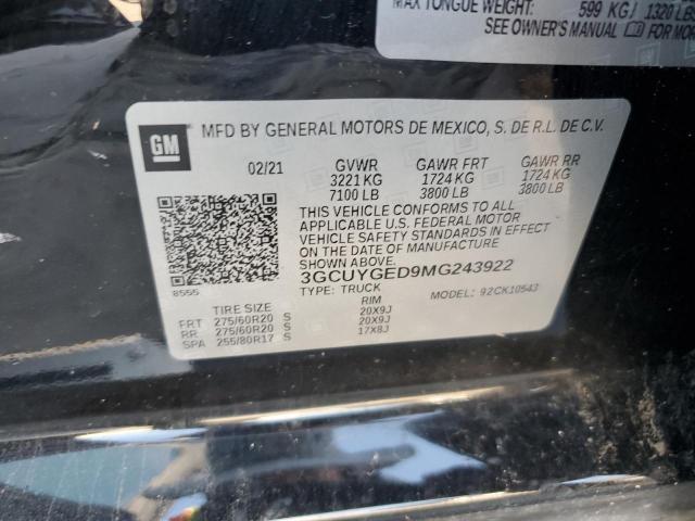 2021 Chevrolet Silverado K1500 Ltz VIN: 3GCUYGED9MG243922 Lot: 58925484