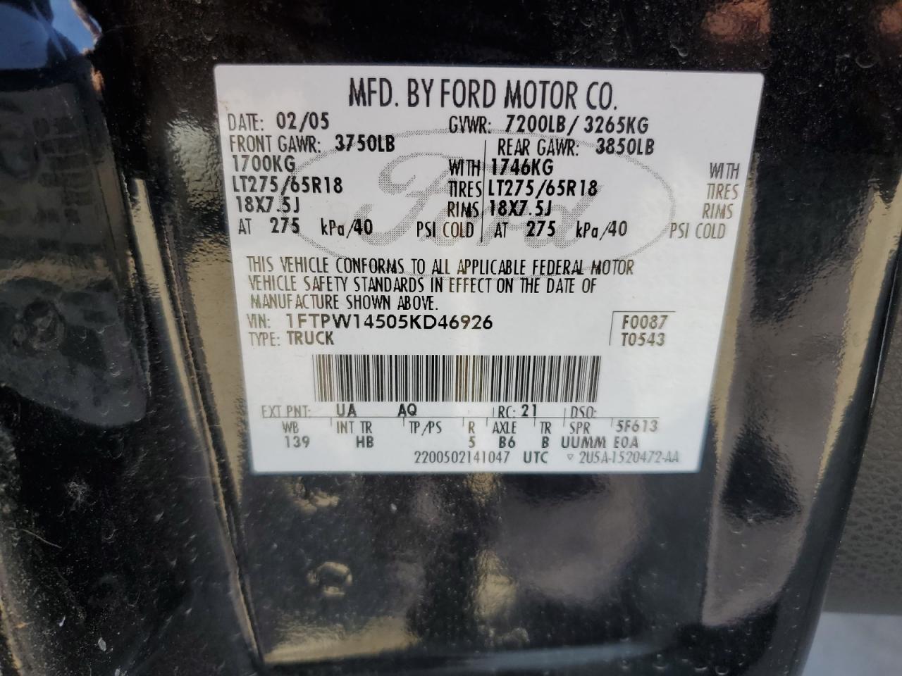 1FTPW14505KD46926 2005 Ford F150 Supercrew