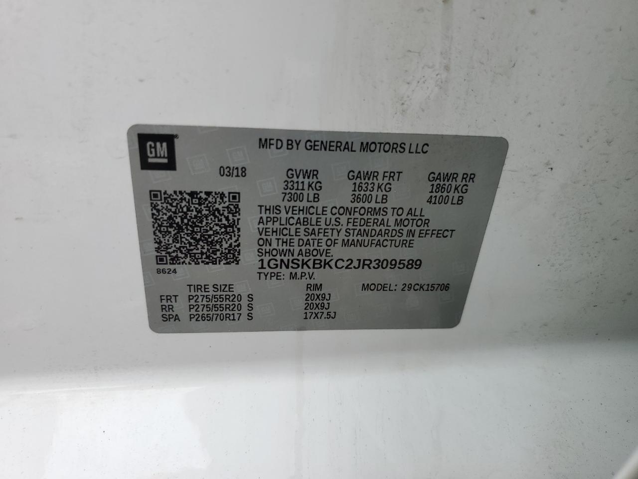 1GNSKBKC2JR309589 2018 Chevrolet Tahoe K1500 Lt